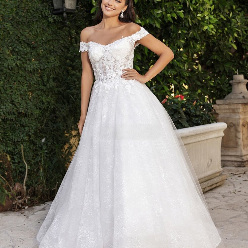 Off shoulder off white wedding dress,bridal gown